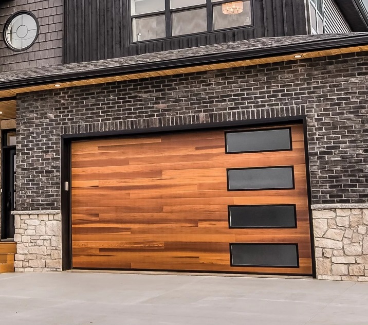 Contemporary planks garage door with stacked windows